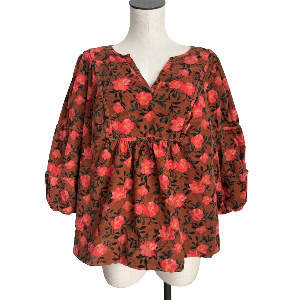 Sonoma Floral Print Peasant V-Neck Top Brown 3/4 Sleeve Corduroy Plus 1X